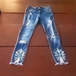 Girls Mudd Skinny Ripped Jeans with Embroidered Accents on Bottom